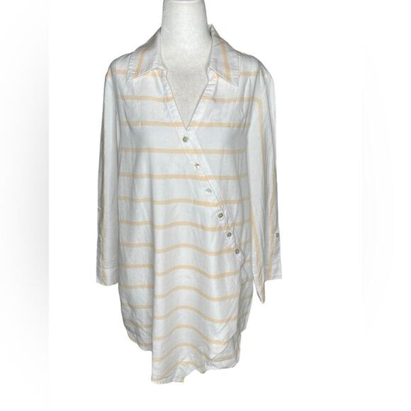 Soft Surroundings Long Sleeve Button Up Blouse Collared White & Yellow Stripes L - Picture 1 of 12